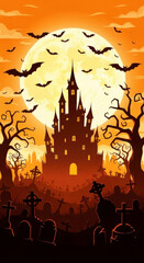 Spooky Halloween Illustration of a Haunted Castle and Graveyard with Bats Flying in Front of a Full Moon