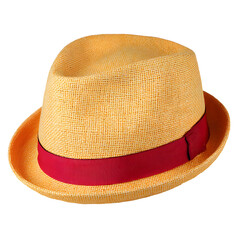 Stylish yellow straw fedora hat with red ribbon on a black background
