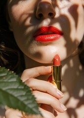 Hand holding lipstick cosmetics.