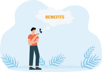 A businessman's hand holds a megaphone. in the conversation bubble the word benefits concept
