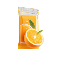 Refreshing orange juice in a sealed pack with sliced orange on a black background
