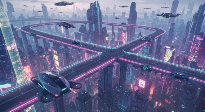 Aerial view of a futuristic city intersection, featuring elevated roadways, hovercars, and flying vehicles.  Neon lights illuminate the cityscape