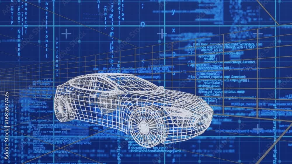Poster animation of 3d car drawing driving with data processing over grid
