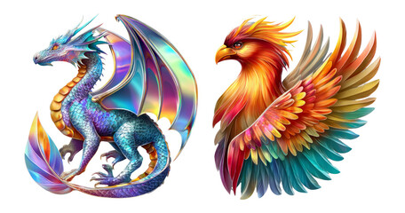 Obraz premium Colorful Dragon and Phoenix Illustration on Transparent Background