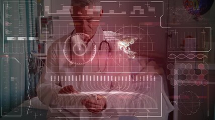 Animation of scientific data processing over caucasian male doctor using tablet - Powered by Adobe