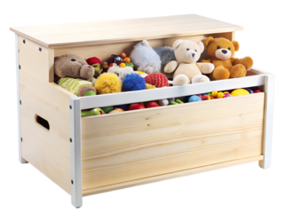 Wooden toy chest filled with stuffed animals and toys, isolated on transparent background
