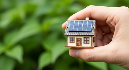 Conceptual Miniature House with Solar Panel Held in Hand Close Up
