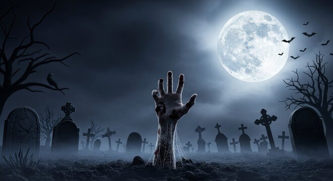 Zombie Hand Rising From the Ground in a Spooky Cemetery at Night Under a Full Moon