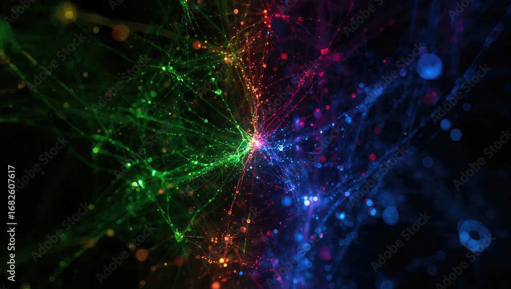 Poster colorful abstract representation of neural connections and pathways radiating energy in a dark backg