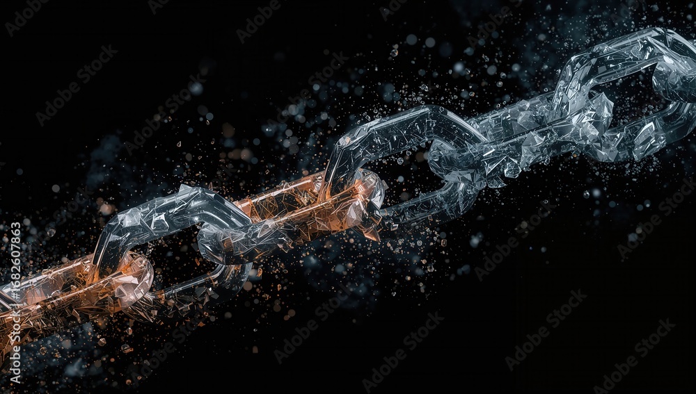 Poster a dynamic visual representation of interconnected chains made of glowing particles in dark backgroun
