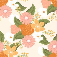Vibrant seamless pattern with pink and orange flowers, green leaves, and soft cream background. Great for fabric, wallpaper, packaging, and cheerful summer designs.