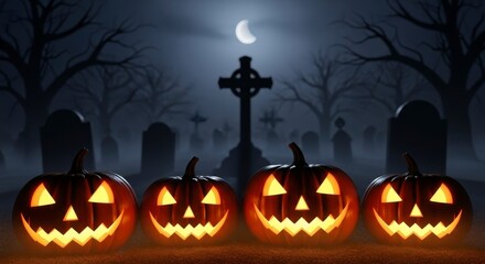 Spooky Glowing Jack O' Lanterns in a Dark Foggy Cemetery at Night with a Crescent Moon for a Halloween Celebration