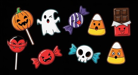 Obraz premium Cute Colorful Cartoon Halloween Candy Characters on a Black Background