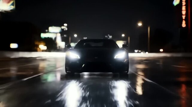 Sleek black supercar driving on a wet city highway at night with bright headlights reflecting on the road.