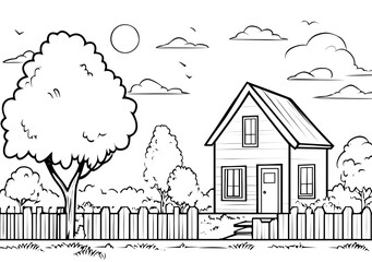 Obraz premium House with a fence and tree coloring page