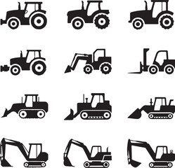 Naklejka premium Set icons of tractors, farm and buildings machines