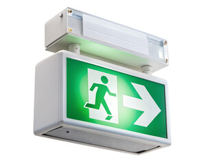 Green running man exit sign with arrow isolated on transparent background