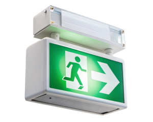 Green running man exit sign with arrow isolated on transparent background