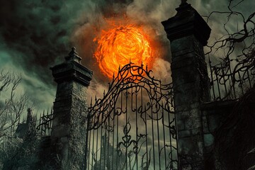Obraz premium Old iron gate leading to a night cemetery with ghostly graves and an eerie moon