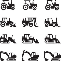 Set icons of tractors, farm and buildings machines