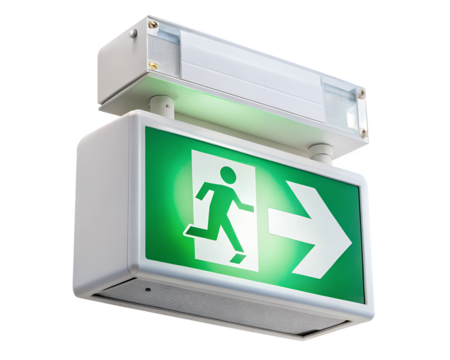 Green running man exit sign with arrow isolated on transparent background
