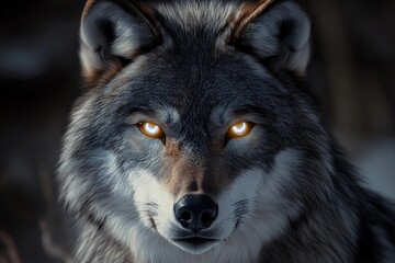 Fototapeta premium Wolf with radiant eyes reflects the power of the moon in a mystical forest setting under twilight sky