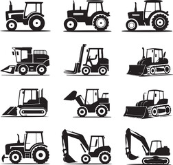 Set icons of tractors, farm and buildings machines