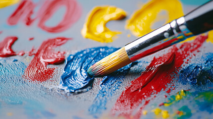 Fototapeta premium A close-up of a paintbrush applying vibrant colors on a canvas, showcasing the beauty of artistic expression and creativity.