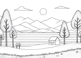Tree, mountain, and a house in the distance coloring page