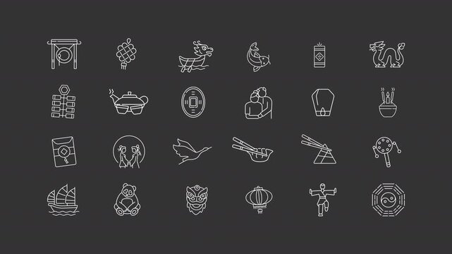 Animated Chinese culture white line icons. Ancient cultural and historic heritage of China animation set. Oriental traditions beauty. Outline elements on white background. HD video with alpha channel