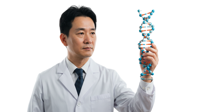Asian scientist examining a DNA model, envisioning scientific advancements, medical breakthroughs, and potential cures for diseases in a professional setting png isolated