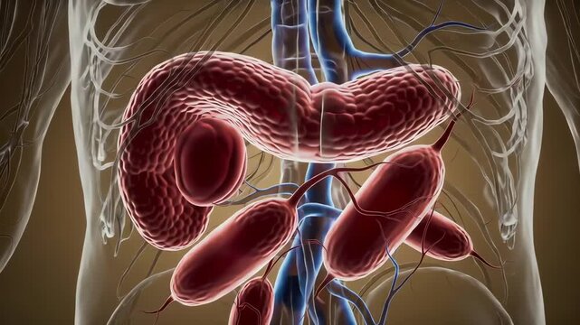 Medical animation showing a colony of bacteria infecting the human pancreas organ inside the body