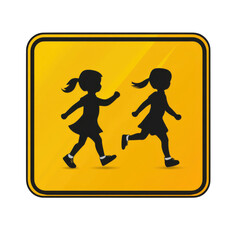 Yellow school zone sign with silhouettes of children crossing a safety warning for drivers to be cautious near schools and pedestrian areas on transparent background