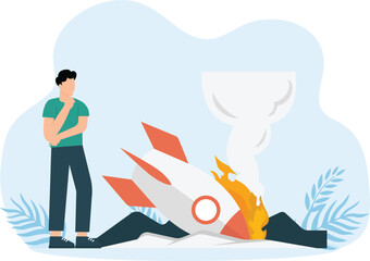 Businessman standing with rocket crash, Amidst Rocket Ruins and Navigating the Crash concept
