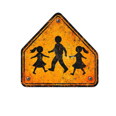 Weathered school crossing sign with children and adult figures a safety reminder for drivers to slow down and watch for pedestrians near schools on transparent background