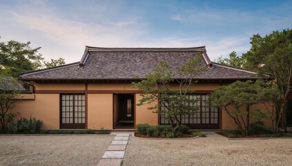 Naklejka premium Traditional Japanese house with a thatched roof surrounded by lush greenery and gravel path