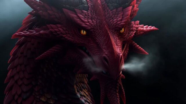 Red dragon exhales smoke in a dark fantasy environment