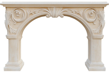 Obraz premium Beige Stone Fireplace Mantel With Arch And Scroll Details