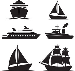Ships and boat silhouette vector icons