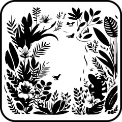 Black and white stylized nature scene evokes serenity featuring birds silhouettes and botanical