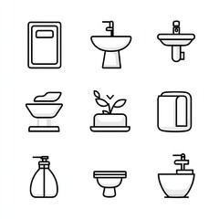 Bathroom Icons: A collection of clean, modern line art icons representing various bathroom fixtures and elements, offering a concise visual guide to a functional space.