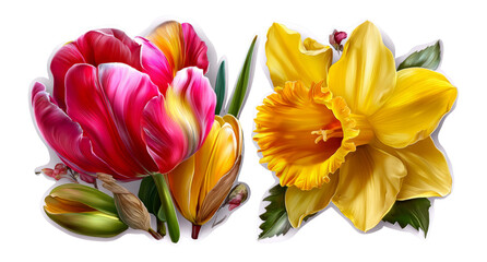 Obraz premium Vibrant Floral Illustrations of Tulips and Daffodils with Transparent Background