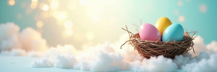 Obraz premium Colorful decorated Easter eggs in a nest on fluffy white clouds, representing the joy of spring and new beginnings for holiday celebration, banner, copy space