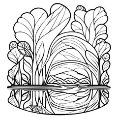 Black and white zen garden illustration with trees and reflection of mountains within water