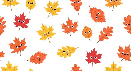 Cute Colorful Cartoon Autumn Leaves with Smiling Faces Scattered on a White Background