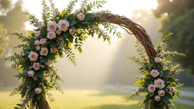 Floral wedding arch in outdoor setting presents hilltop scene ready for event. Beautiful floral arrangement for romantic wedding ceremony, wedding arch creates memorable moment.
