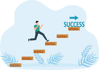 Business challenge with ladder up to success. Businessman running up on stair with symbol for career growth and achieve leadership concept

