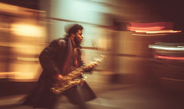 Jazzy street musician in motion at night