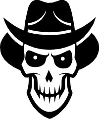Skull in Cowboy Hat: A bold monochrome line art illustration depicts a skull wearing a classic cowboy hat, showcasing its detailed features and strong graphic style.