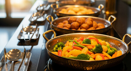 Delicious Indian and Asian food buffet spread Fresh vegetables, savory hot dishes displayed for an inviting culinary event